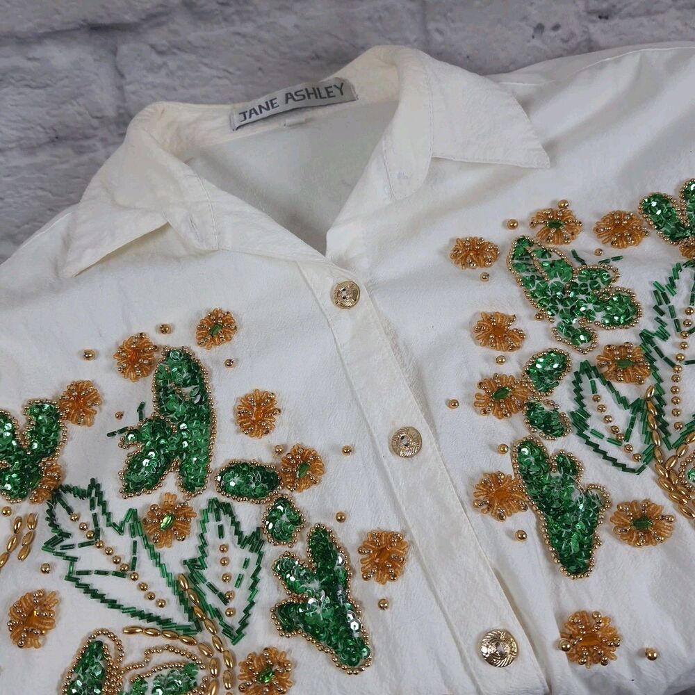 Vtg Jane Ashley Womens Medium Camp Button-up Shirt Cactus Sequin Embroidered